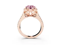 Fancy Pink Round Cut Diamond Floral Halo Split Shank Engagement Ring Set in Rose gold with Pavé Shank