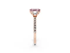 Fancy Pink Emerald Cut Diamond Three-Stone Ring Set in Rose gold with Pavé Band and Graduated Sides