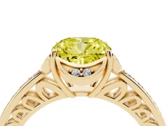 Fancy Yellow Cushion Cut Diamond Halo Ring Set in Yellow gold with Channel Set Band and Prong Setting