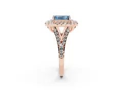 Fancy Blue Emerald Cut Diamond Double Halo Ring Set in Rose gold with Pavé Split Shank and Prong Setting