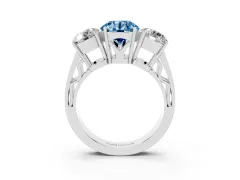 Fancy Blue Round Cut Diamond Three-Stone Ring Set in Platinum with Textured Band