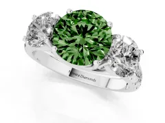 Fancy Green Round Cut Diamond Three-Stone Ring Set in White gold with Pavé Band