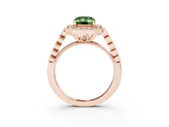 Fancy Green Emerald Cut Diamond Milgrain Halo Solitaire Ring Set in Rose gold with Bezel Set Side Stones and Pavé Band
