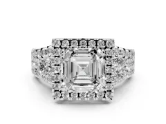 Asscher Cut Diamond Halo Split Shank Ring Set in Platinum with Round Accent Stones and Prong Setting