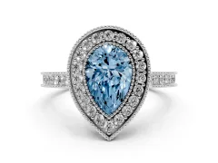 Fancy Blue Pear Cut Diamond Halo Milgrain Pavé Band Ring Set in Platinum with Prong Setting