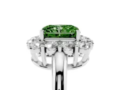 Fancy Green Radiant Cut Diamond Halo Cluster Engagement Ring Set in Silver with Polished Band and Prong Setting