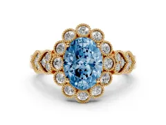 Fancy Blue Oval Cut Diamond Solitaire Ring Set in Yellow gold with Milgrain Pavé Heart Band