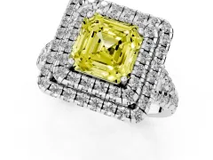 Fancy Yellow Asscher Cut Diamond Double Halo Ring Set in Platinum with Pavé Split Shank and Prong Setting