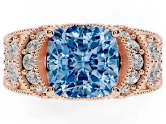 Fancy Blue Cushion Cut Diamond Milgrain Halo Pavé Engagement Ring Set in Rose gold with Prong Setting