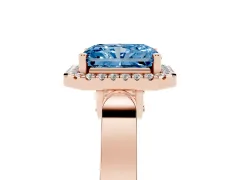 Fancy Blue Radiant Cut Diamond Halo Ring Set in Rose gold with Pavé-Lined Split Shank Band
