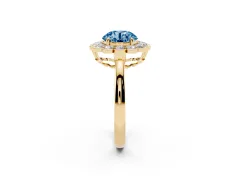 Fancy Blue Round Cut Diamond Halo Cluster Engagement Ring Set in Yellow gold with Solitaire Band and Prong Setting