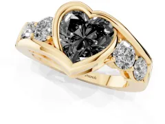 Fancy Black Heart Cut Diamond Bezel Bypass Ring Set in Yellow gold with Round Accents