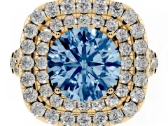 Fancy Blue Round Cut Diamond Double Halo Ring Set in Yellow gold with Pavé Split Shank and Prong Setting