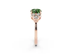 Fancy Green Round Cut Diamond Solitaire Ring Set in Rose gold with Cluster Accents on Each Side
