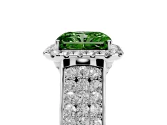 Fancy Green Radiant Cut Diamond Halo Ring Set in White gold with Pavé Band and Raised Center Setting
