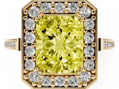 Fancy Yellow Radiant Cut Diamond Halo Ring Set in Yellow gold with Accent-Lined Split Shank and Prong Setting