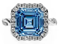 Fancy Blue Asscher Cut Diamond Halo Twist Band Solitaire Ring Set in Platinum with Prong Setting