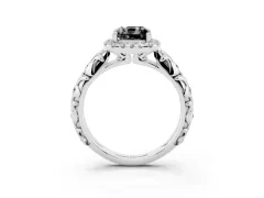 Fancy Black Cushion Cut Diamond Halo Ring Set in Silver with Filigree Leaf Band and Prong Setting