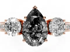 Fancy Black Pear Cut Diamond Three-Stone Ring Set in Rose gold with Round Side Stones and Pavé Band