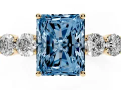 Fancy Blue Radiant Cut Diamond Five-Stone Prong Set Band Ring Set in Yellow gold with Polished Band