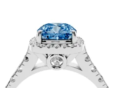 Fancy Blue Cushion Cut Diamond Halo Engagement Ring Set in Platinum with Pavé Band and Prong-Set Center