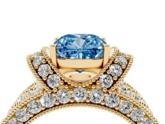 Fancy Blue Cushion Cut Diamond Milgrain Halo Pavé Engagement Ring Set in Yellow gold with Prong Setting