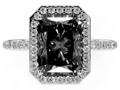 Fancy Black Radiant Cut Diamond Halo Engagement Ring Set in Silver with Round Pavé Shoulders and Heart Gallery