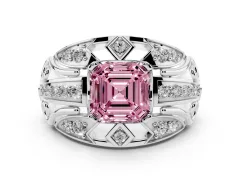 Fancy Pink Asscher Cut Diamond Art Deco Ring Set in Silver with Pavé Split Shank