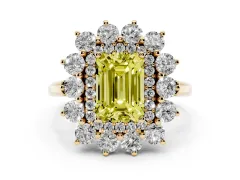 Fancy Yellow Emerald Cut Diamond Floral Double Halo Ring Set in Yellow gold with Round Petals