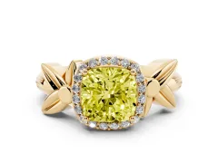Fancy Yellow Cushion Cut Diamond Halo Floral Band Ring Set in Yellow gold with Prong Setting