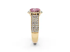 Fancy Pink Radiant Cut Diamond Halo Ring Set in Yellow gold with Pavé Band and Raised Center Setting