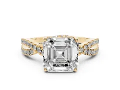 Asscher Cut Diamond Twist Pavé Solitaire Engagement Ring Set in Yellow gold with Prong Setting