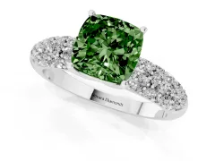 Fancy Green Cushion Cut Diamond Pavé Band Solitaire Ring Set in White gold with Close-Set Accent Stones and Prong Setting
