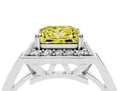Fancy Yellow Princess Cut Diamond Halo Ring Set in Silver with Accent-Lined Split Shank and Prong Setting