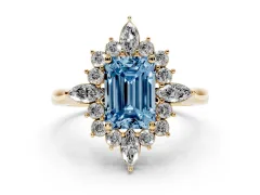 Fancy Blue Emerald Cut Diamond Cluster Halo Ring Set in Yellow gold with Marquise and Round Accents
