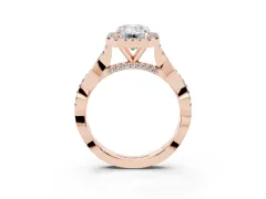 Emerald Cut Diamond Halo Twist Band Solitaire Ring Set in Rose gold with Prong Setting