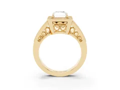 Radiant Cut Diamond Halo Ring Set in Yellow gold with Stone-Set Split Shank and Milgrain Edges