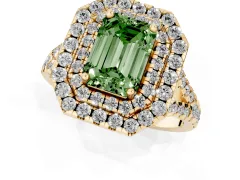 Fancy Green Emerald Cut Diamond Double Halo Ring Set in Yellow gold with Pavé Split Shank and Prong Setting