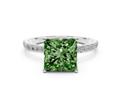 Fancy Green Princess Cut Diamond Solitaire Engagement Ring Set in Platinum with Round Pavé Band and Prong Setting