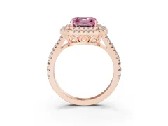 Fancy Pink Asscher Cut Diamond Double Halo Ring Set in Rose gold with Pavé Band
