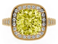 Fancy Yellow Cushion Cut Diamond Milgrain Halo Solitaire Ring Set in Yellow gold with Bezel Set Side Stones and Pavé Band