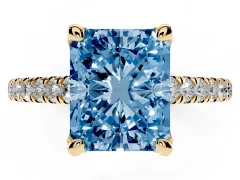 Fancy Blue Radiant Cut Diamond Solitaire Ring Set in Yellow gold with Brilliant Pavé Band and Prong Setting