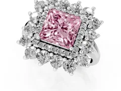 Fancy Pink Princess Cut Diamond Floral Double Halo Ring Set in White gold with Round Petals