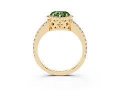 Fancy Green Heart Cut Diamond Halo Ring Set in Yellow gold with Pavé Shoulders and Halo-Framed Center