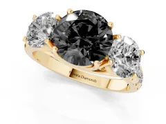 Fancy Black Round Cut Diamond Three-Stone Ring Set in Yellow gold with Pavé Band