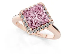 Fancy Pink Princess Cut Diamond Halo Engagement Ring Set in Rose gold with Pavé Band and Rising Shoulders