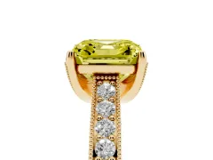 Fancy Yellow Asscher Cut Diamond Solitaire Ring Set in Yellow gold with Milgrain-Edged Pavé Band and Prong Setting