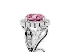 Fancy Pink Cushion Cut Diamond Halo Ring Set in White gold with Leaf Motif Split Shank and Prong Setting