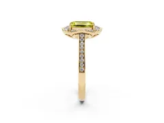 Fancy Yellow Emerald Cut Diamond Halo Ring Set in Yellow gold with Pavé-Lined Shoulders and Prong Setting
