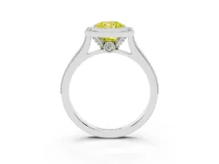 Fancy Yellow Radiant Cut Diamond Halo Milgrain Pavé Band Ring Set in Platinum with Prong Setting